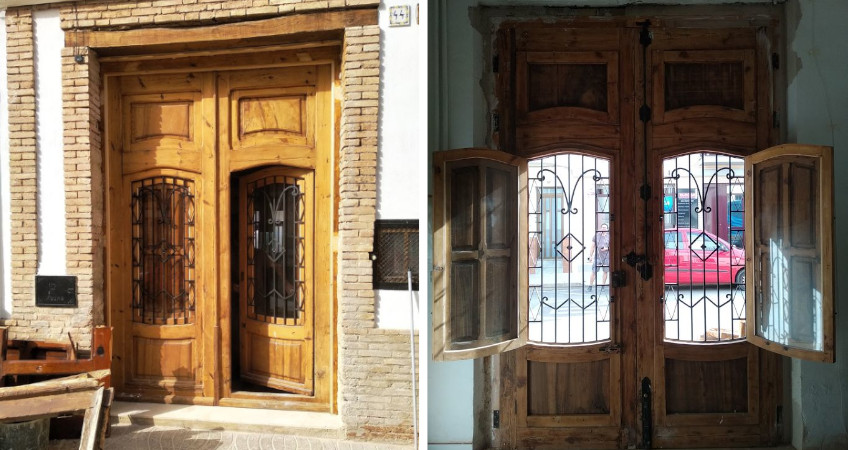 Vista combinada interior exterior de puerta de madera a medida
